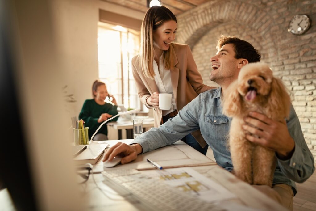 A progressive office featuring a male employee at his desk with the offfice mental health support dog.